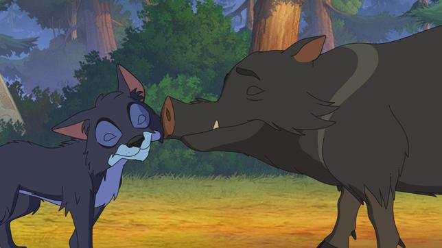 Bild: WDR/Ellipsanime Productions/Belvision Pekari Grauer Kragen kümmert sich liebevoll um ein Wolfsjunges.