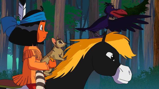 Bild: WDR/Ellipsanime Productions/Belvision Yakari lässt Katzenfrett Großauge mit sich auf Kleiner Donner reiten.