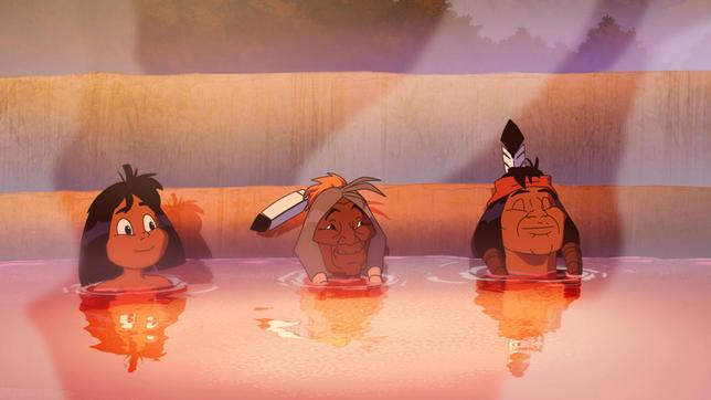 Bild: WDR/Ellipsanime Productions/Belvision Yakari, Stiller Fels und Fettauge genießen das heiße Wasser.