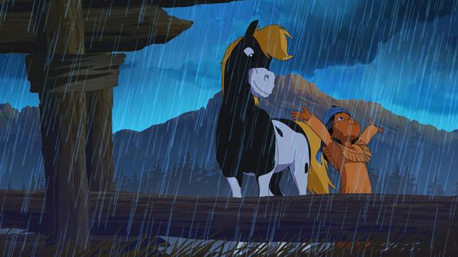 Bild: WDR/Ellipsanime Productions/Belvision Yakari und sein Pony Kleiner Donner genießen den Regen.