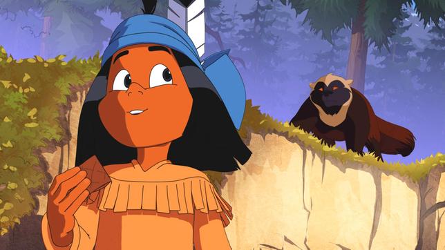 Bild: WDR/Ellipsanime Productions/Belvision Yakari versucht, den Vielfraß aus dem Tal zu locken.