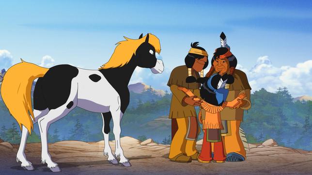 Bild: WDR/Ellipsanime Productions/Belvision Yakari wird von Müder Krieger und Fettauge gerettet, Pony Kleiner Donner ist erleichtert.