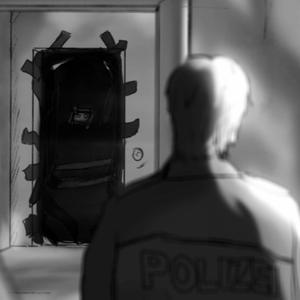 Zeichnung einer Wohnung, Blick über die Schulter eines Polizisten auf eine abgeklebte schwarze Tür
