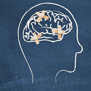 Zeichnung eines Kopfes und Gehirns mit Pflastern