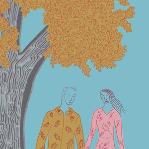 Illustration: Paar hält Händchen unter Baum.