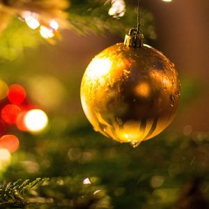 Eine goldene Kugel hängt an einem Weihnachtsbaum