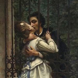 Gemälde "Der Kuss" von Silvio Allason (1910): Ein Liebespaar küsst sich durch einen Zaun hindurch.