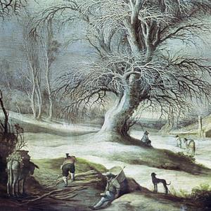 "A winter landscape with a woodsman and travelers" von Gijsbrecht Leytens