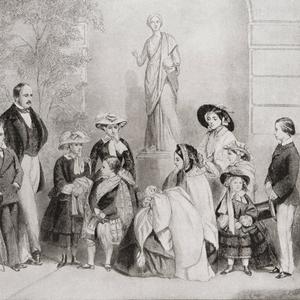 Die Königliche Familie in Osborne House, Isle Of Wight. Von links nach rechts: Prince Alfred, Prince Albert, Princess Helena, Princess Alice, Prince Arthur, Queen Victoria mit Princess Beatrice, Victoria Princess Royal, Princess Louise, Prince Leopold un