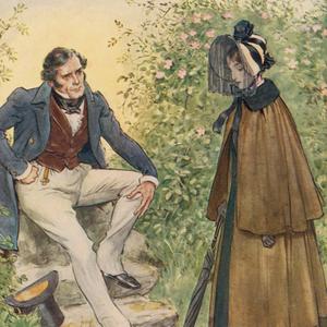 Jane meets Mr. Rochester by the stile. (Author: Charlotte Bronte; Illustration by C. E. Brock in 'A Day with Charlotte Bronte'.)