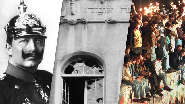 Kaiser Wilhelm II.; zerstörten Fenster der Kieler Synagoge nach der Reichspogromnacht; jubelnde Menschen sitzen mit Wunderkerzen auf der Berliner Mauer (v.l.n.r.)