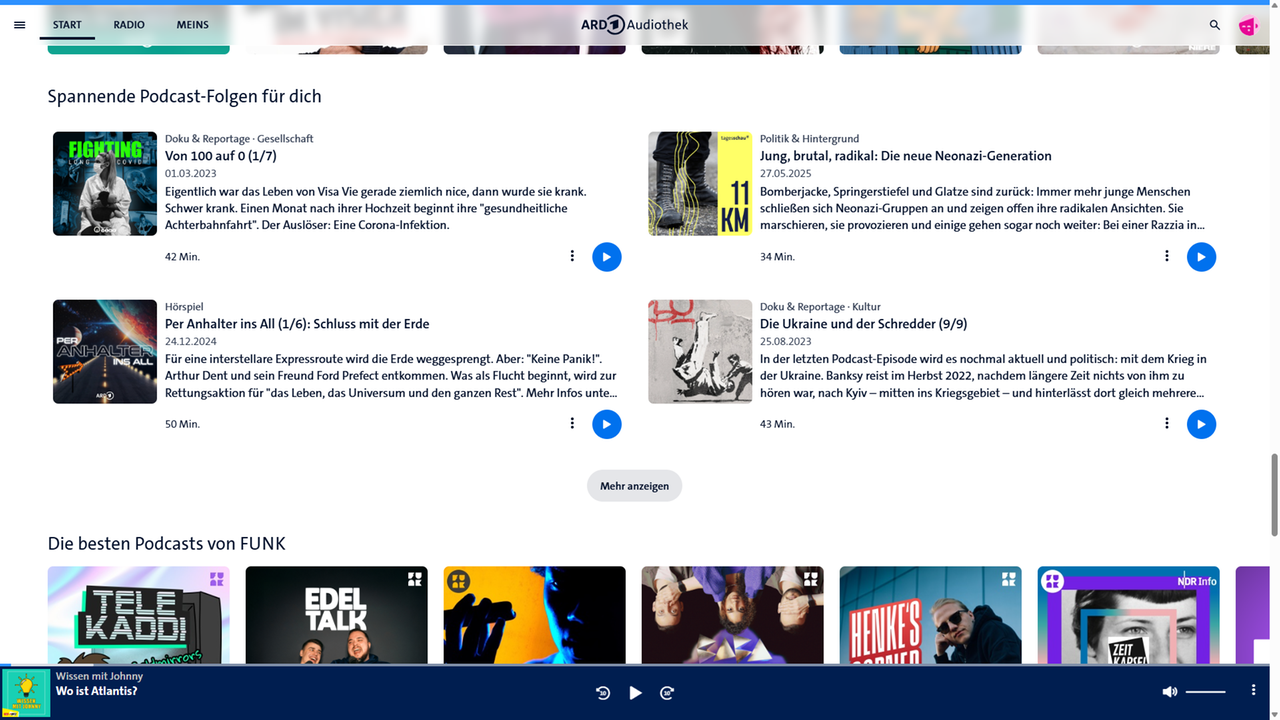 Algorithmen in der ARD, Bild 8: Empfehlungen auf der Startseite der Audiothek