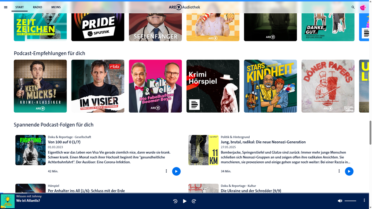 Algorithmen in der ARD, Bild 9: Empfehlungen auf der Startseite der Audiothek