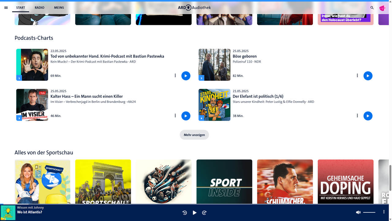 Algorithmen in der ARD, Bild 10: Empfehlungen auf der Startseite der Audiothek