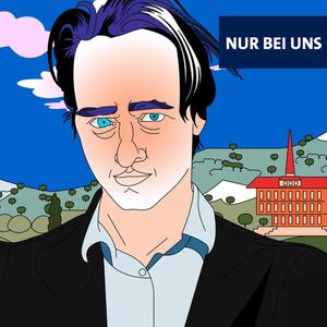 Das Bild zur Hörspielserie "Die Erschöpften" zeigt eine Illustration des Schauspielers Tom Schilling vor blauem Himmel