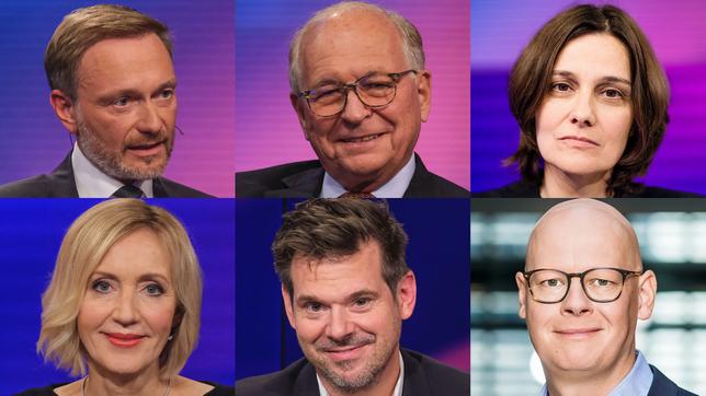 Die Gäste am 15. März 2023: Christian Lindner, Wolfgang Ischinger, Katja Petrowskaja (oben v.l.n.r.); Petra Gerster, Gregor Peter Schmitz, Matthias Deiß (unten v.l.n.r.)