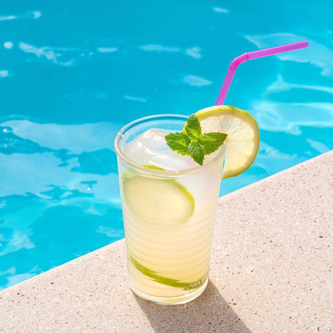 Ein Glas Limonade mit Eiswürfeln am Rand eines Pools