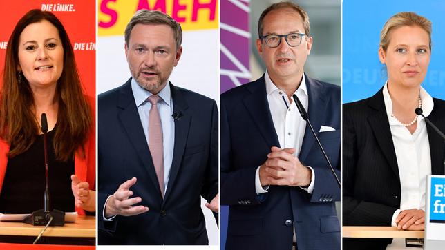(v.l.) Janine Wissler (Die Linke), Christian Lindner (FDP), Alexander Dobrindt (CSU) und Alice Weidel (AfD)