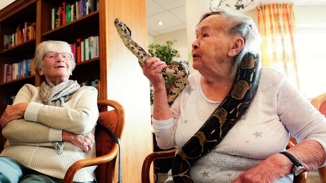 Seniorin hält eine Schlange auf dem Arm