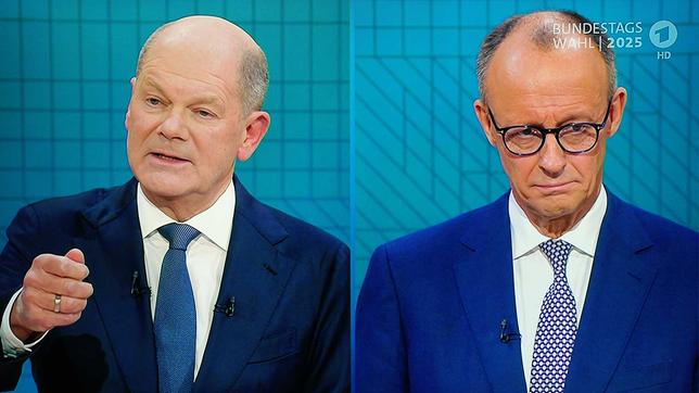 Bundeskanzler Olaf Scholz, SPD-Kanzlerkandidat und Friedrich Merz, Spitzenkandidat der CDU/CSU 