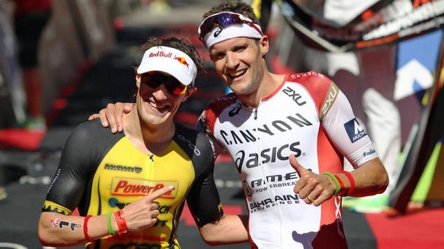 Sebastian Kienle (l.) mit Jan Frodeno beim Ironman in Zell am See