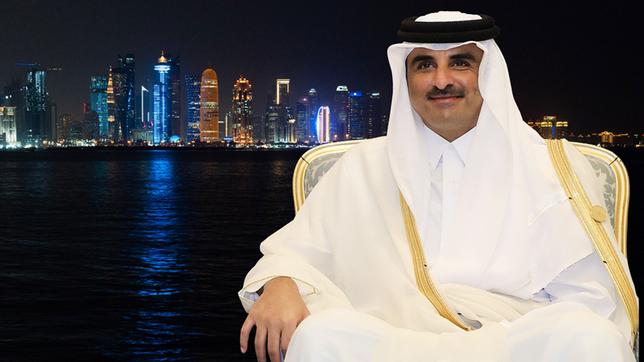 Emir Tamim bin Hamad Al Thani vor Skyline von Katar