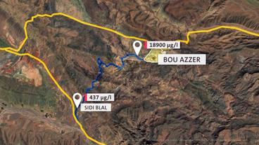 Karte mit der Mine Mine Bou Azzer und der Oase Sidi Blal.