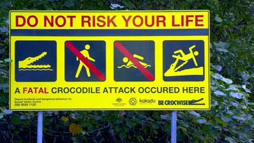 Schild, das vor Krokodilen warnt.
