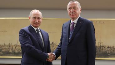 Recep Tayyip Erdogan und Wladimir Putin schütteln sich die Hand.