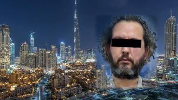 Kopf eines Mannes mit Balken über den Augen, im Hintergrund Dubai.