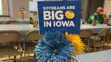 Schild mit der englischen Aufschrift: Sojabohnen sind groß in Iowa
