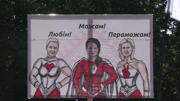 Plakat mit Maria Kolesnikowa, Swetlana Tichanowskaja, Veronika Zepkalo