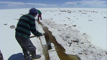 Ein Arbeiter bricht Salzblöcke aus dem Salzsee.