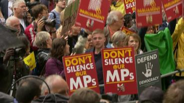 Demonstranten mit Schildern mit der Aufschrift "Don't silence our MPs"