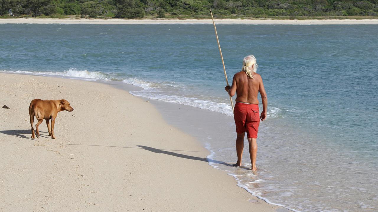 Aussteiger Dave Glasheen geht am Strand von Restoration Island, Australien mit seinem Hund spazieren.