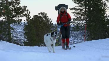 Guro und Kesia mit Hund auf Skiern 