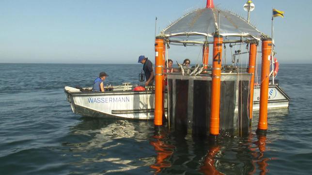 Boot mit Forschern bei Messstation auf dem Meer vor Peru 