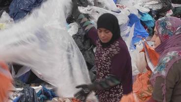 Frauen sortieren Plastikmüll