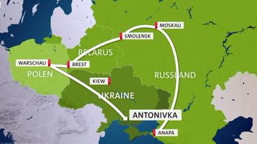 Karte mit Orten in Russland, Ukraine und Polen.