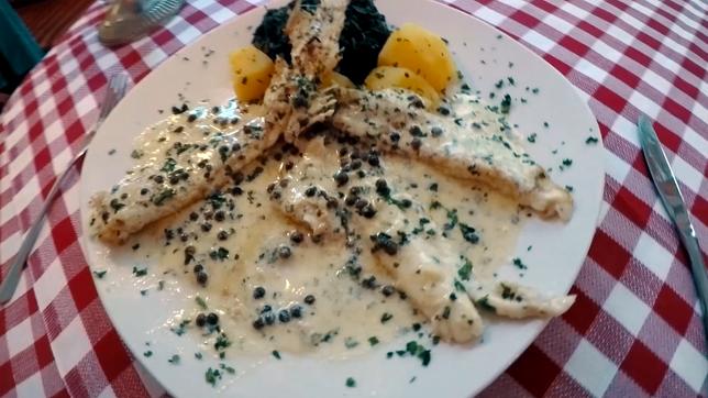 Ein Teller mit Fischfilet und Sahnesoße.