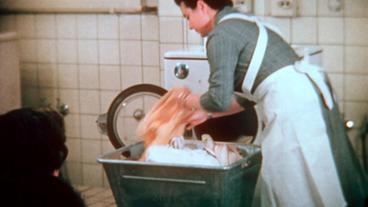 Vorführung eines Waschvollautomaten, 1955. Die meisten Frauen müssen noch von Hand schrubben, walken, kochen, wringen.