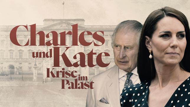 Collage: König Charles III. und Prinzessin Kate vor dem Buckingham Palace.