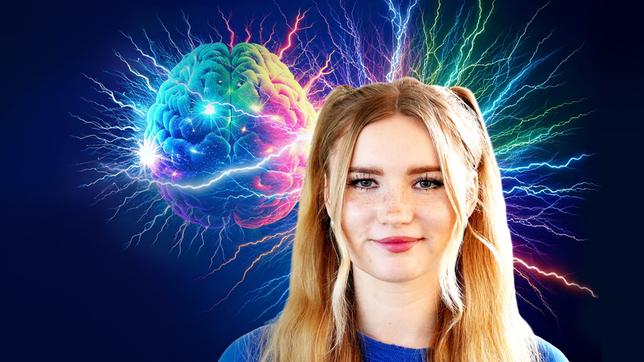 Bild: Florian Kössl, Hintergrund KI-erzeugt; Montage: BR Im Vordergrund: eine junge Frau mit langen blonden Haaren, im Hintergrund: Gehirn, das bunt leuchtend wie ein Planet vor dunklem Himmel schwebt