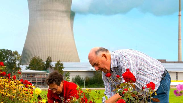 Anwohner des Kernkraftwerkes Gundremmingen in Bayern beim Rosenschneiden.