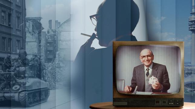 Bild: SWR/megaherz/Getty Images/United Archives/SZ Photo Keyvisual - Bildcollage: Im Vordergrund: Robert Lembke als Moderator der Quizshow "Was bin ich?" auf dem Bildschirm eines 4:3 Fernsehgerätes. Im Hintergrund: Strassenszene mit Panzern, die an zerbombten Häuserfronten vorbeifahren, mittig die Silhouette des Schauspielers Johann von Bülow in der Rolle des Robert Lemke von hinten gesehen, rechts im Bild der Münchner Olympiaturm.