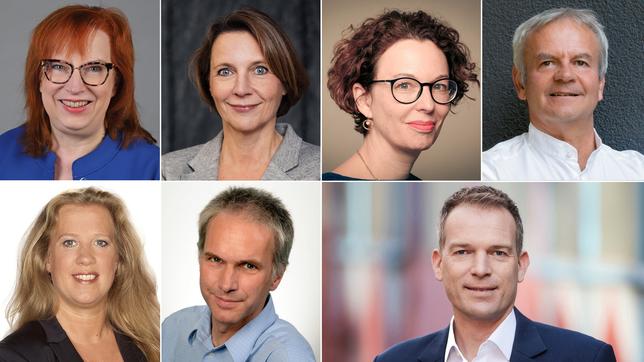 Jurymitglieder 2023: Eric Friedler, Petra Felber, Anaïs Roth, Dirk Neuhoff, Christiane Hinz, Rolf Bergmann und Oliver Köhr (von li. oben nach re. unten)