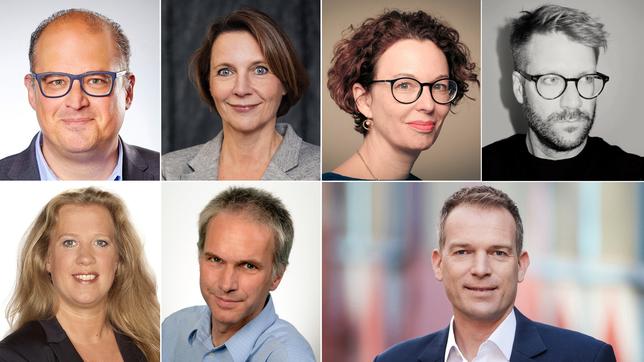 Jurymitglieder 2023: Eric Friedler, Petra Felber, Anaïs Roth, Timo Großpietsch, Christiane Hinz, Rolf Bergmann und Oliver Köhr (von li. oben nach re. unten)