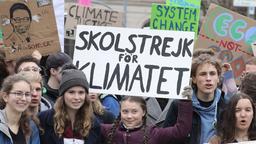 Greta Thunberg hält ein Protestschild für den Klimaschutz hoch.