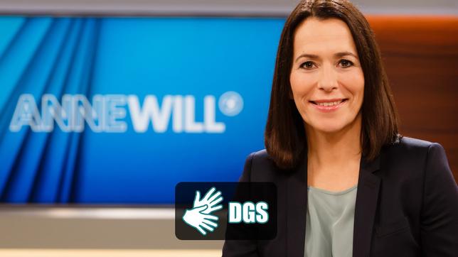 Sendungsbild von Anne Will mit dem DGS Logo. (© NDR/Wolfgang Borrs)