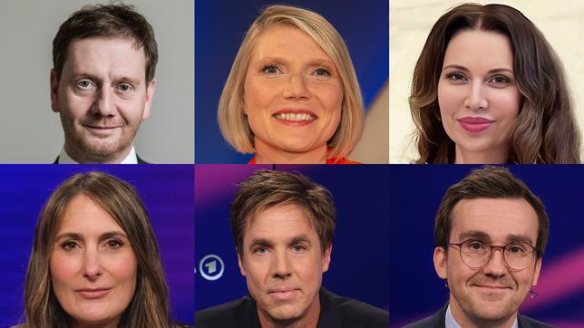 Die Gäste am 03.07.2024: Michael Kretschmer, Cathryn Clüver Ashbrook, Nadja Atwal (oben v.l.n.r.); Anja Kohl, Markus Feldenkirchen, Martin Machowecz (unten v.l.n.r.)